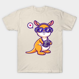 Cute Kangaroo Listening Music With Boombox And Headphone Cartoon T-Shirt